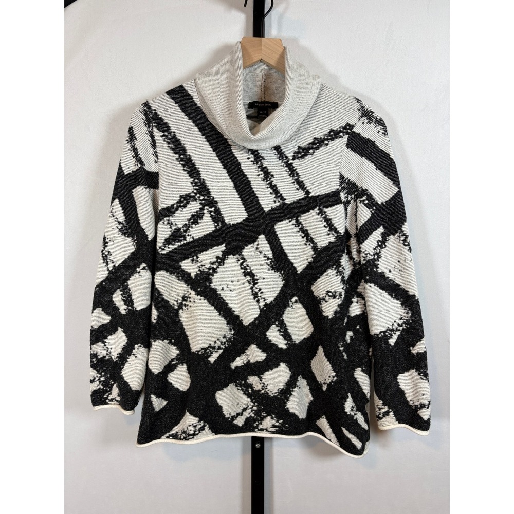 Alison Sheri Cowl Neck Sweater Women XL Black Gray Geometric 3/4 Sleeve Knit